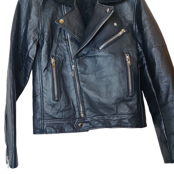 Deadwood Avery Recycled Leather Black Motorcycle Biker Jacket Fur Collar 38 XS/S - Picture 6 of 16